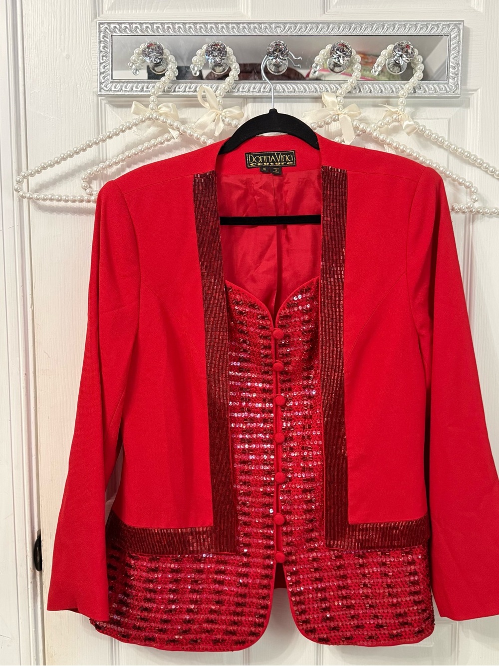 Vintage Elegant Red Sequin Trim Women's Blazer